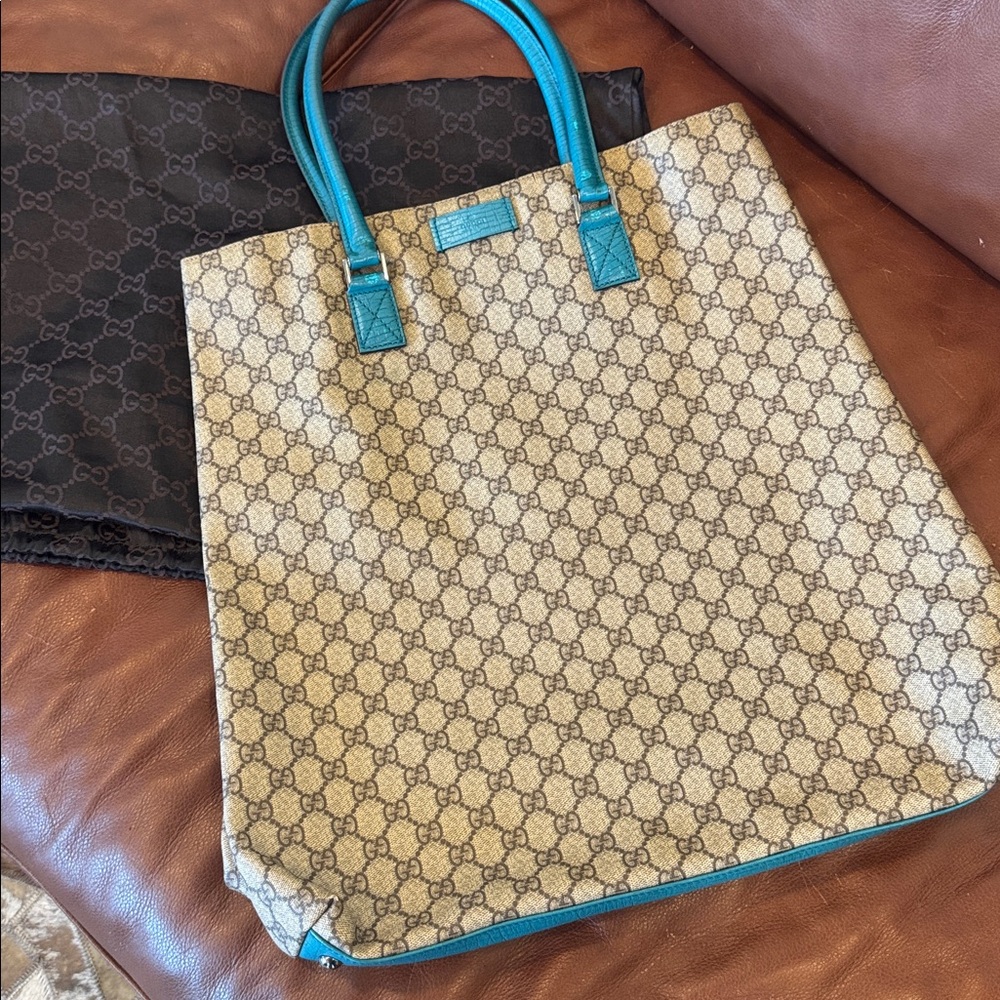 🩵 GUCCI Beige & Teal GG Canvas Tote with Dust Bag 🩵